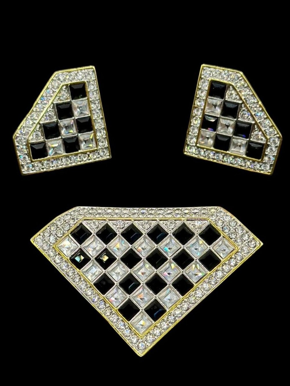 Vintage Park Lane Black & White Rhinestone Clip-On Earrings & Brooch Set